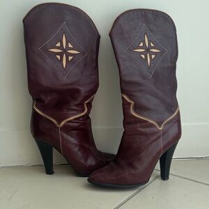 Women's Dark Red Leather High-Heeled Western Boots